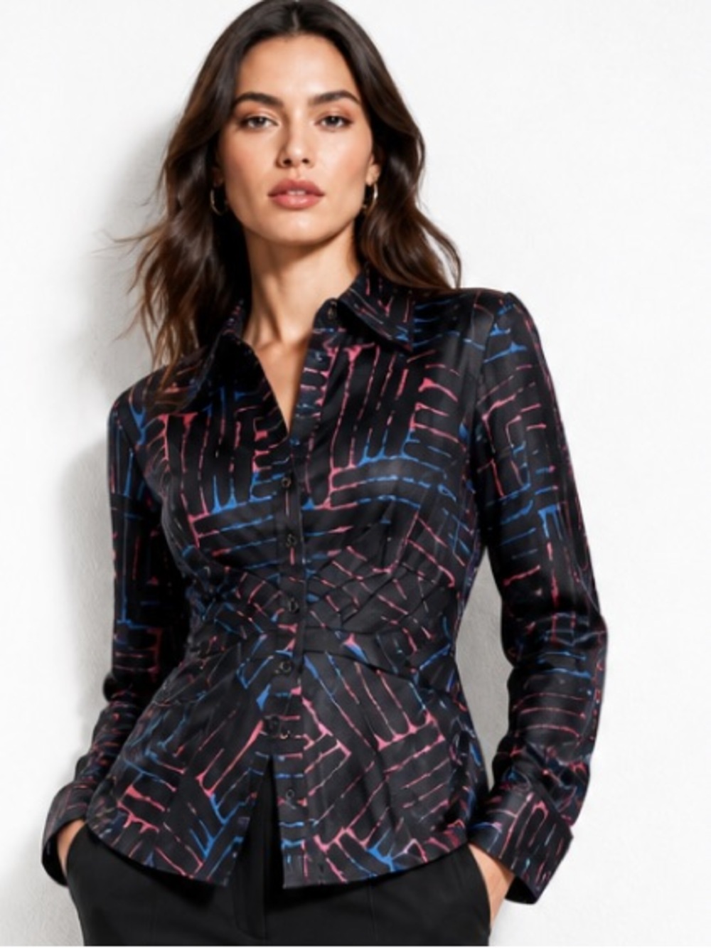 FINLEY Blouse Shirt Pleated French Cuffs Black Pink Blue ISIS SMUDGE Long Sleeve